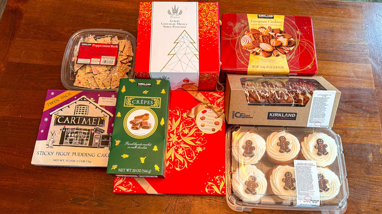 Costco holiday desserts arranged on a wooden table