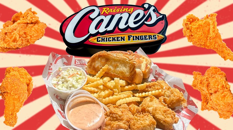 Composite image featuring Raising Cane's sign and menu items