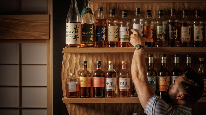 Jeremiah Watson from Ukiyo reaching for a bottle on a shelf full of Japanese spirits