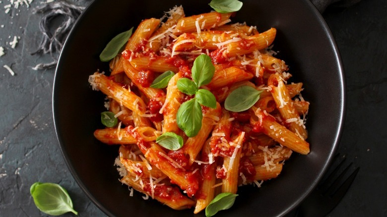 red tomato sauce over penne