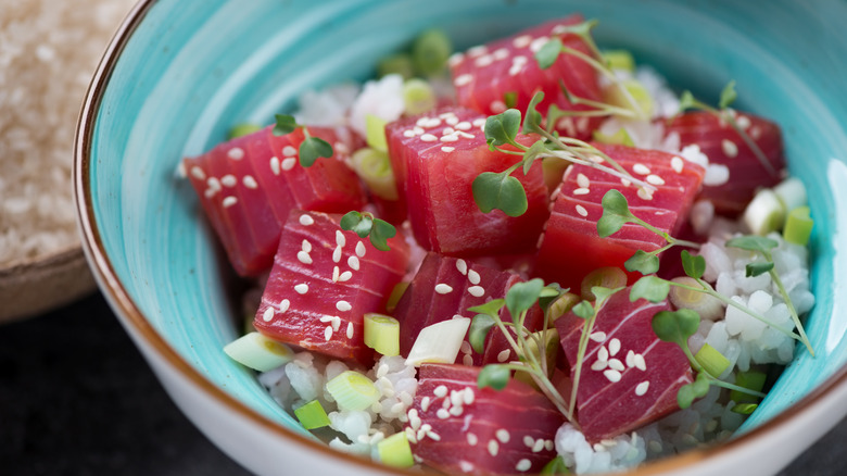 Cubed ahi on white rice