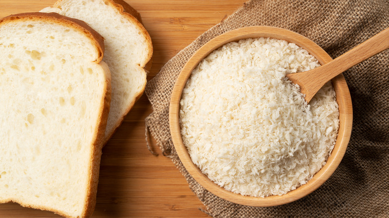 Untoasted breadcrumbs and bread slices