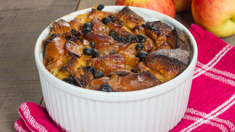 bread pudding in white ramekin 