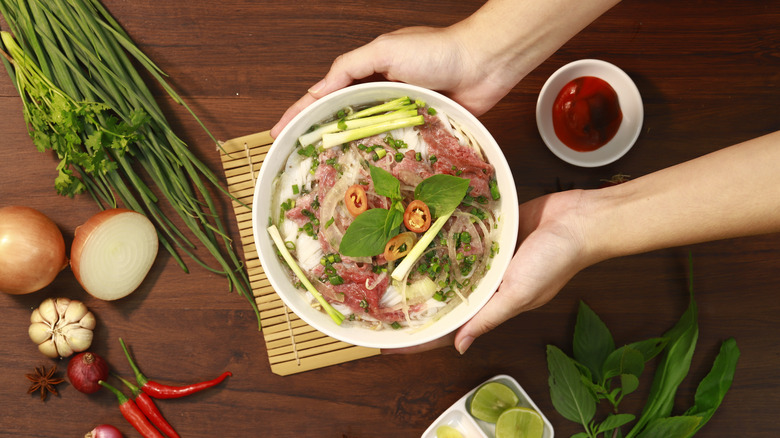 Top-down view of hands holding a complete bowl of pho