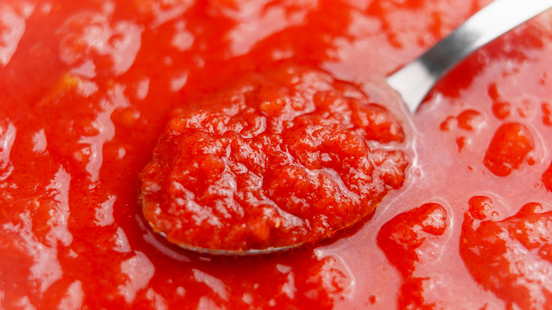 crushed tomatoes on spoon close up