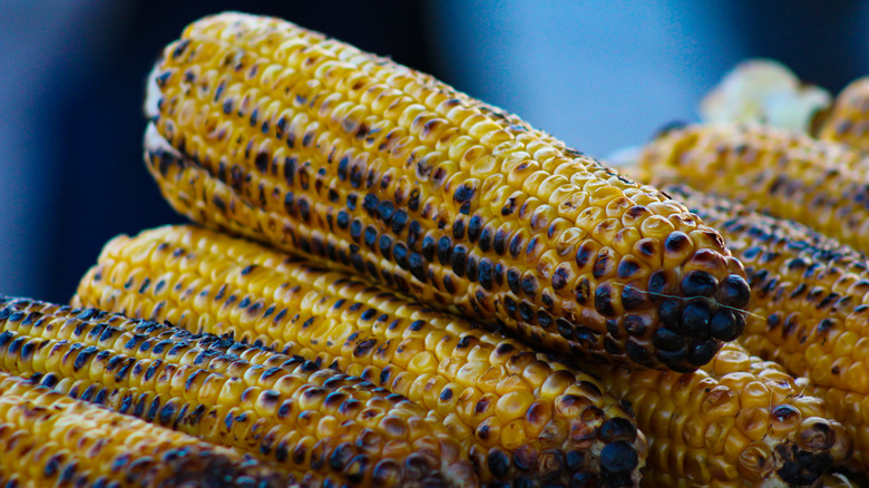 stacked whole grilled corn cobs