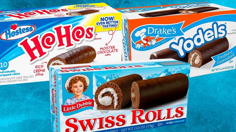 ho hos, yodels, and swiss rolls boxes on blue background