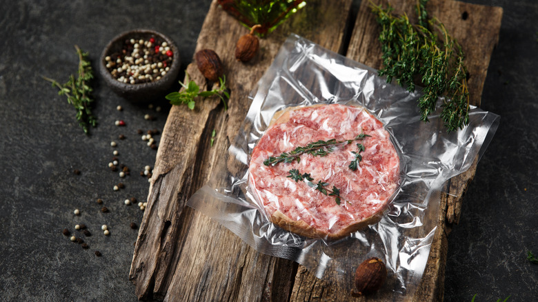 Frozen vacuum sealed steak with herbs and spices