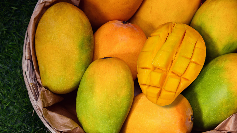 Bowl of mangoes and one cubed mango