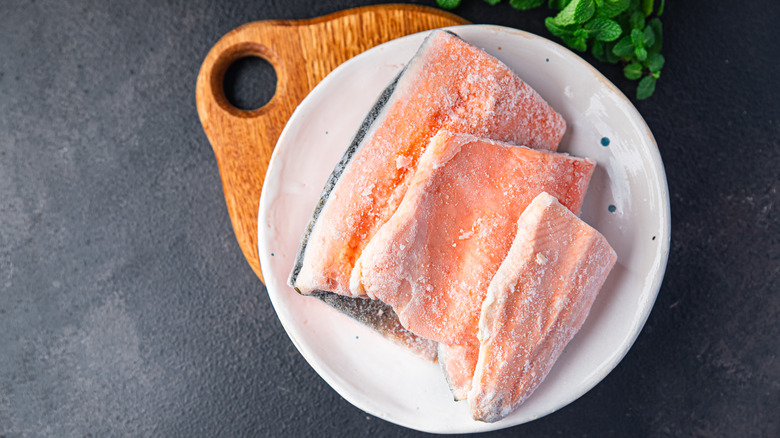 frozen salmon on plate