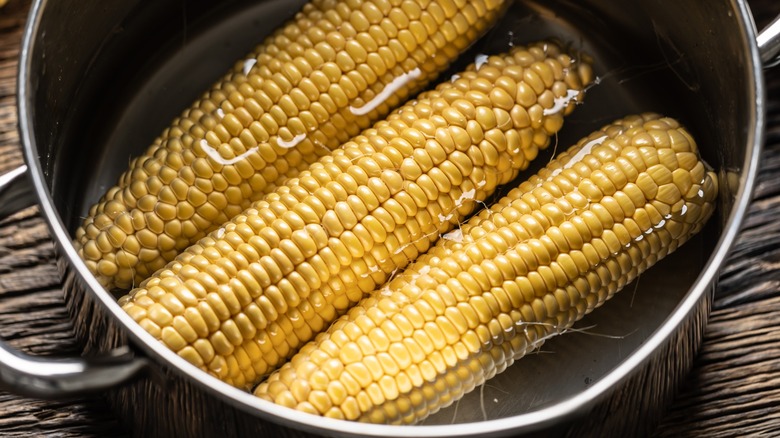 Whole fresh corn cobs in a pot