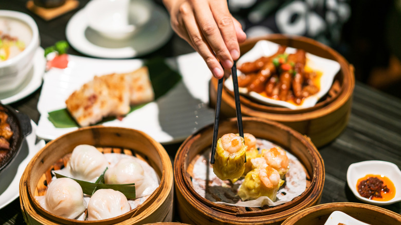 Dim sum dishes on a table