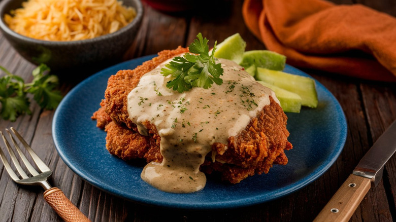 Chicken fried steak with sauce and herbs