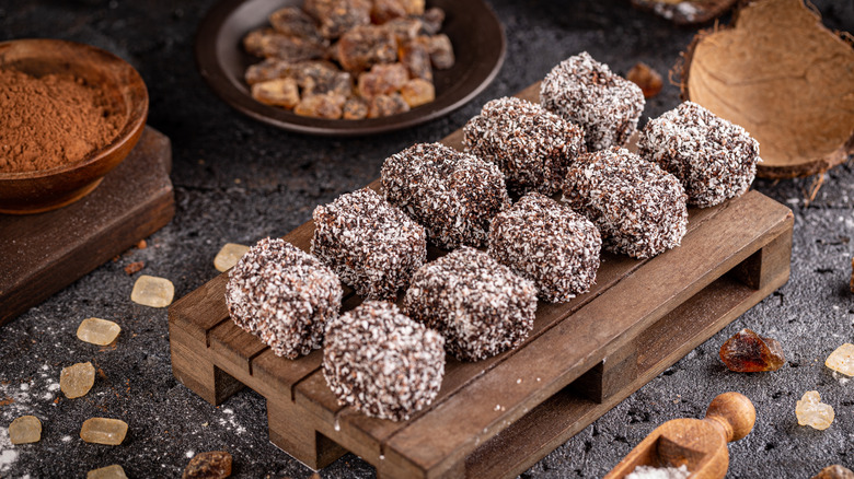 rustic display of Lamington cake squares 