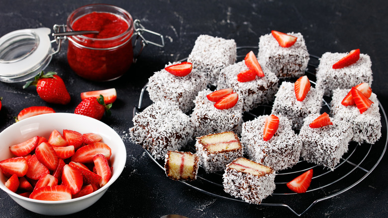 strawberry Lamington cake pictured with fruit