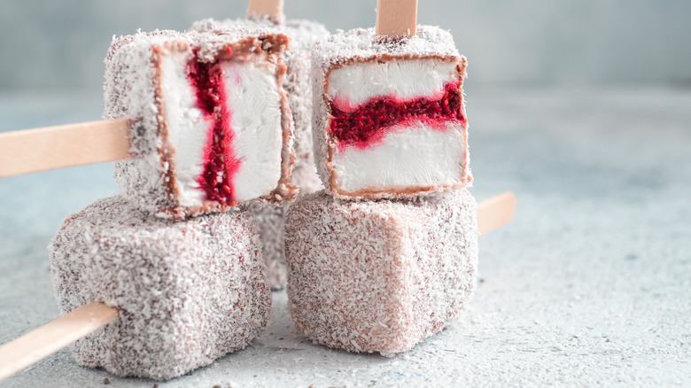 stacked Lamington cake popsicle bites 