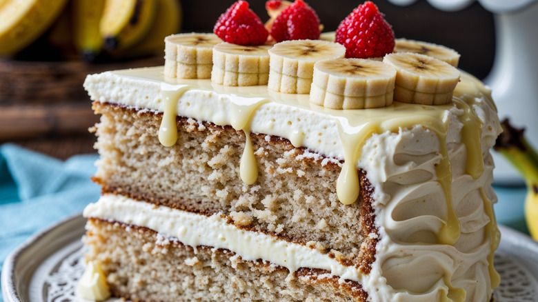 large slice of banana cake on serving stand