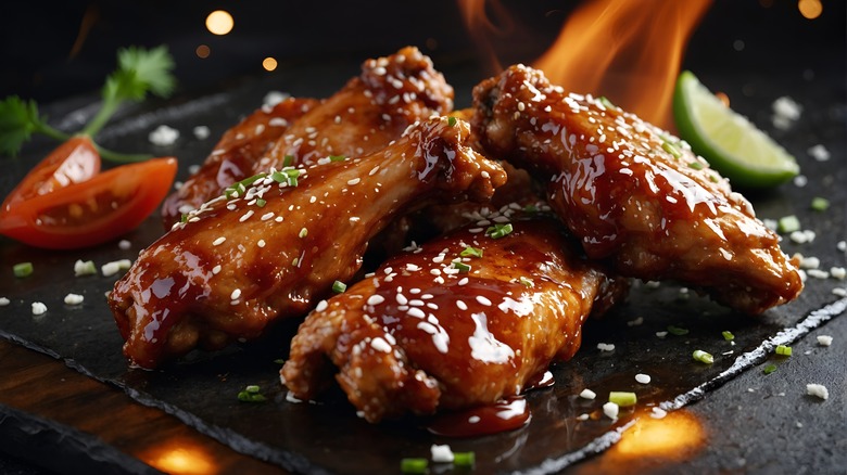 saucy barbecue chicken wings with sesame seeds