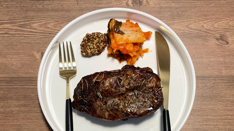 steak with kimchi and wholegrain mustard