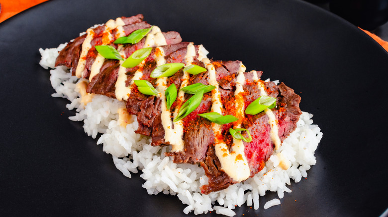 sliced steak with kimchi sauce