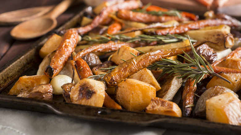 roasted veggies on baking sheet