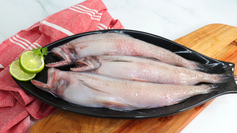 raw Bombay duck, lime slices