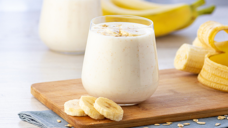 banana smoothie on cutting board