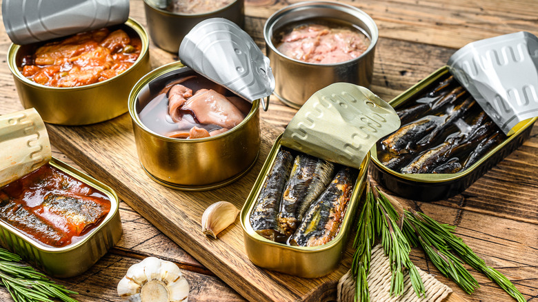 Various opened canned fish