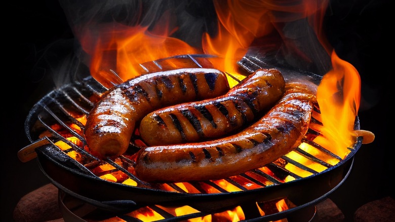 sausages on fiery grill