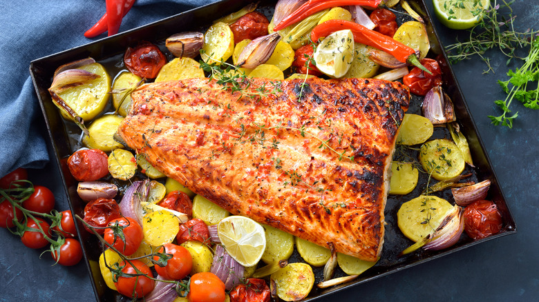 Oven-baked salmon with colorful vegetables