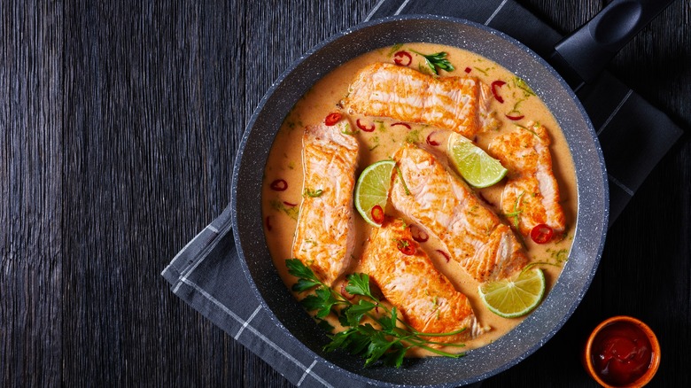 coconut milk poached salmon bowl with lime