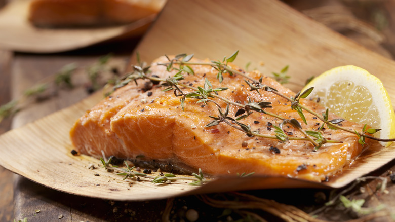 Cedar plank roasted salmon with thyme and lemon