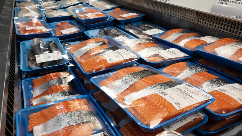 fresh salmon packages at the supermarket