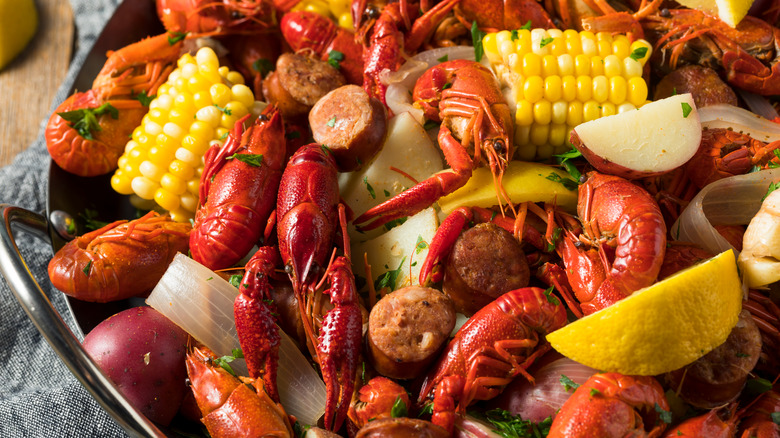 Crawfish boil with sausage and corn