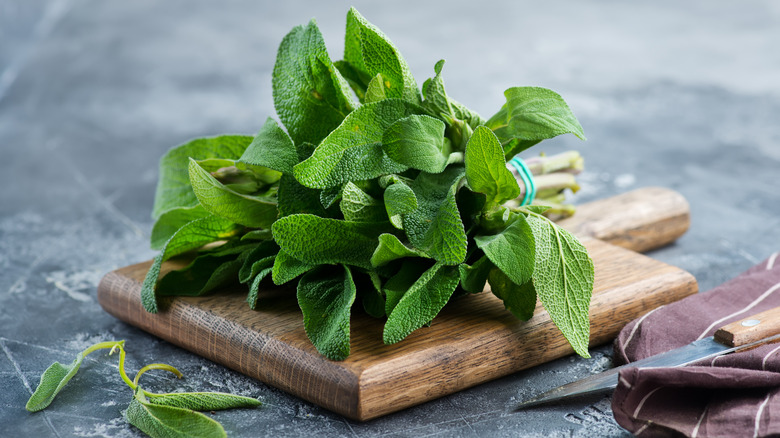 fresh sage on cutting board