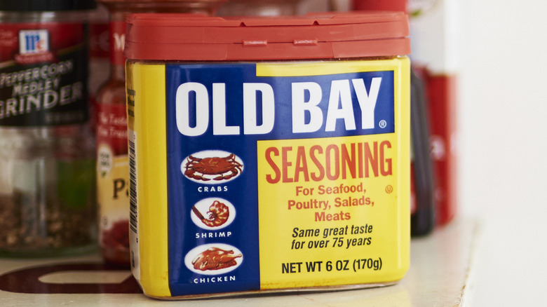 Old Bay seasoning on shelf 