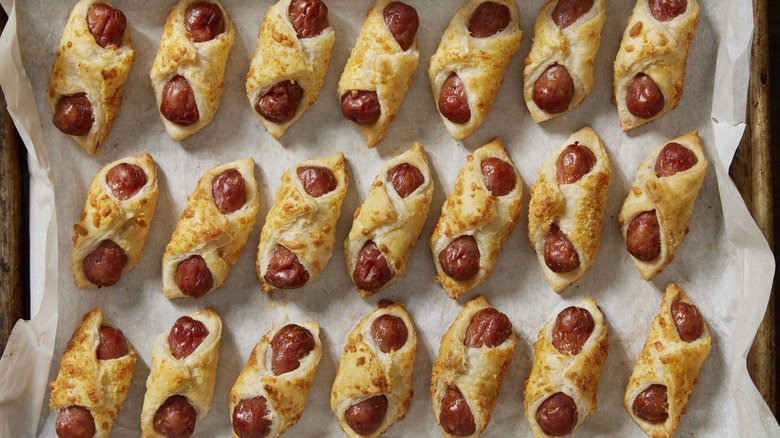 classic pigs in a blanket on a baking tray