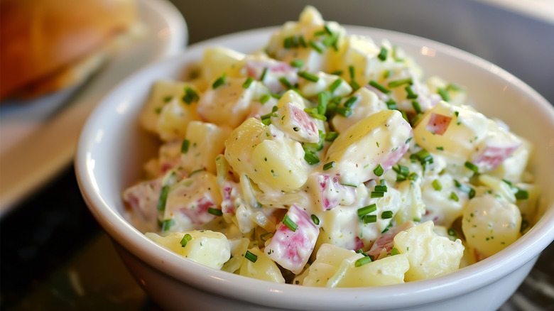 potato salad in a white bowl