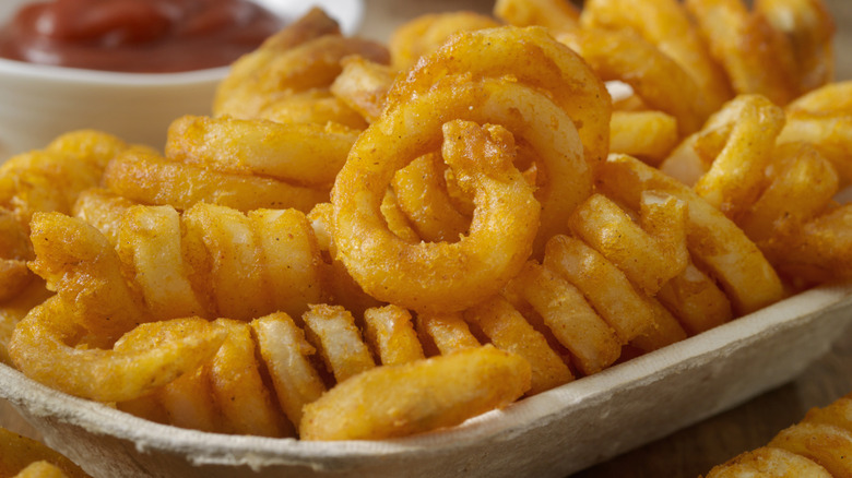 seasoned curly fries on a paper plate