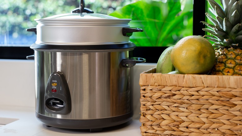 silver rice cooker on a counter