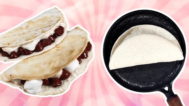 Dessert tacos next to tortilla in skillet 