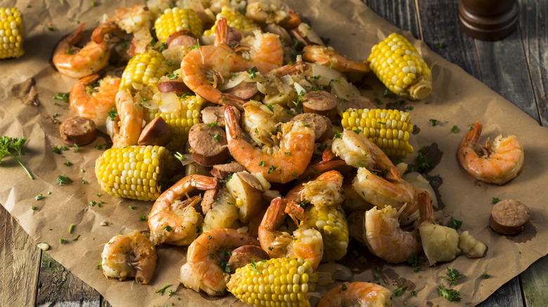 Shrimp boil on table 