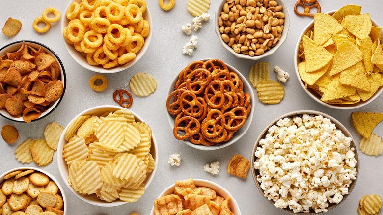 different salty snacks in bowl