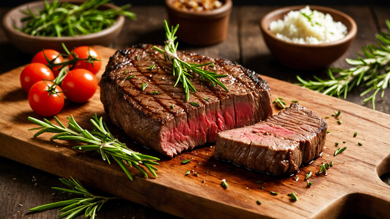 Steak, rosemary, and tomatoes on a wooden board