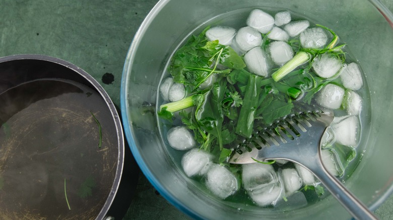 blanched veggies in ice bath