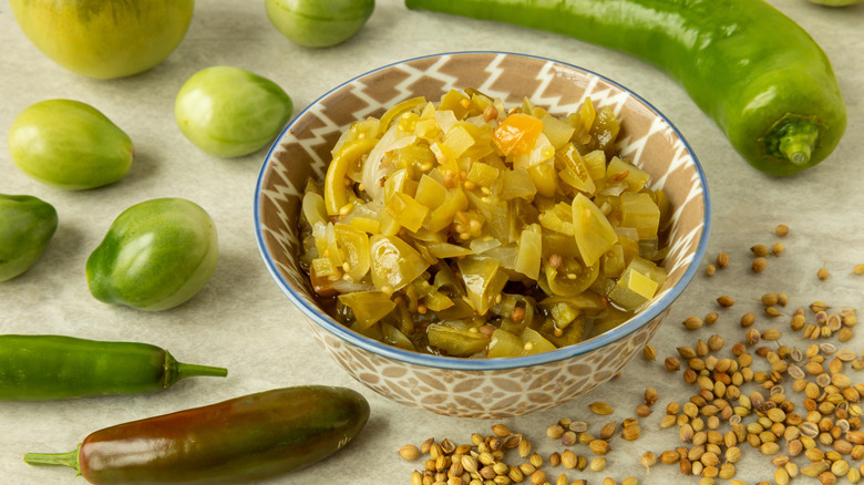 green tomato chutney and ingredients