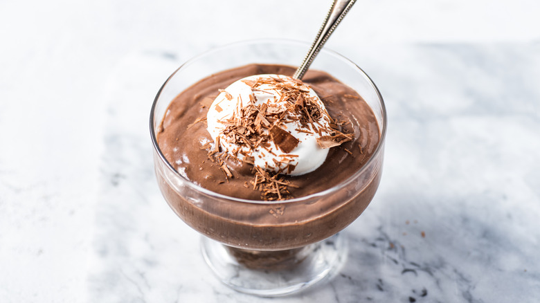 A homemade chocolate mousse with toppings