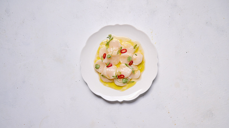 scallop crudo with yuzu and chile on white plate