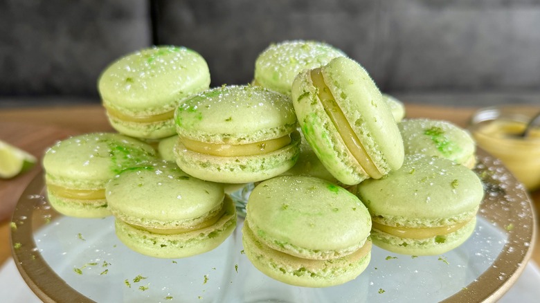 lime macarons on platter