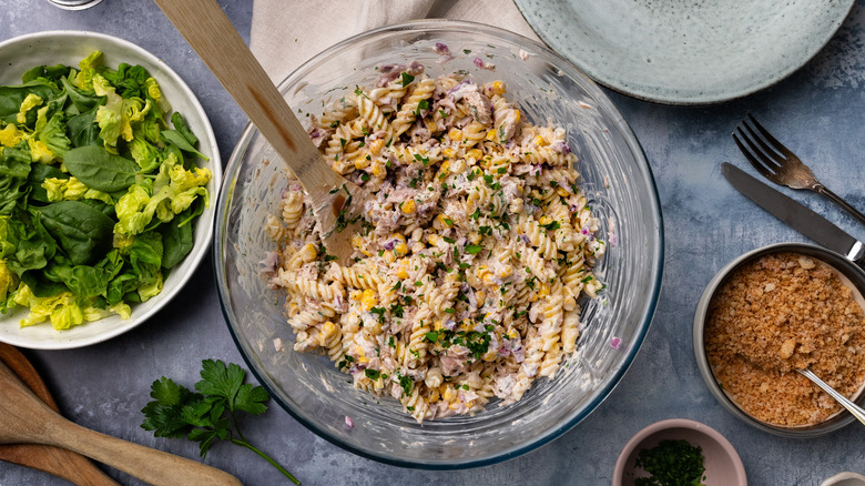 Bowl of tuna pasta salad